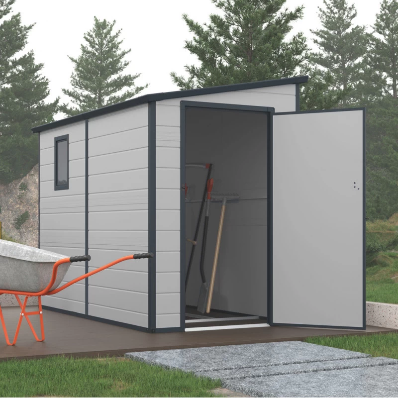 Abri De Jardin Adossé En Résine Gris Clair 3,55m² + Kit De Fondation - JOBU 3 Abri De Jardin Adossé En Résine Gris Clair 3,55m² + Kit De Fondation - JOBU