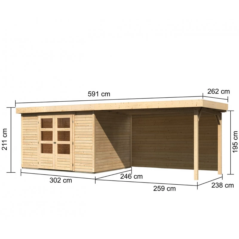 Abri De Jardin En Bois Massif 7,43m² Askola 5 Avec Appentis 280cm Et Paroi Arrière – Karibu 4 Abri De Jardin En Bois Massif 7,43m² Askola 5 Avec Appentis 280cm Et Paroi Arrière – Karibu – Image 2