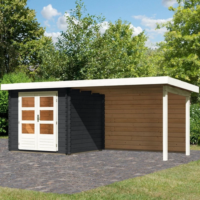 Abri De Jardin En Bois Massif Anthracite 5,62m² Bastrup 2 Avec Appentis 300cm Et Paroi Arrière – Karibu 3 Abri De Jardin En Bois Massif Anthracite 5,62m² Bastrup 2 Avec Appentis 300cm Et Paroi Arrière – Karibu