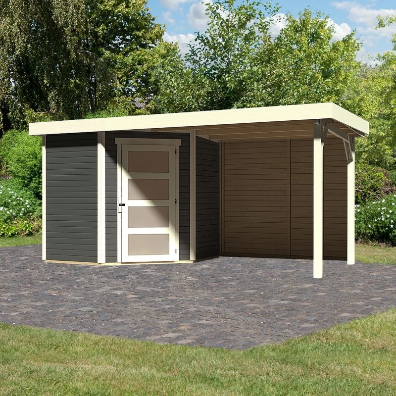 Abri De Jardin En Bois Massif Gris Terre 4,62m² Schwandorf 3 Avec Appentis 240cm Et Paroi Arrière – Karibu 3 Abri De Jardin En Bois Massif Gris Terre 4,62m² Schwandorf 3 Avec Appentis 240cm Et Paroi Arrière – Karibu
