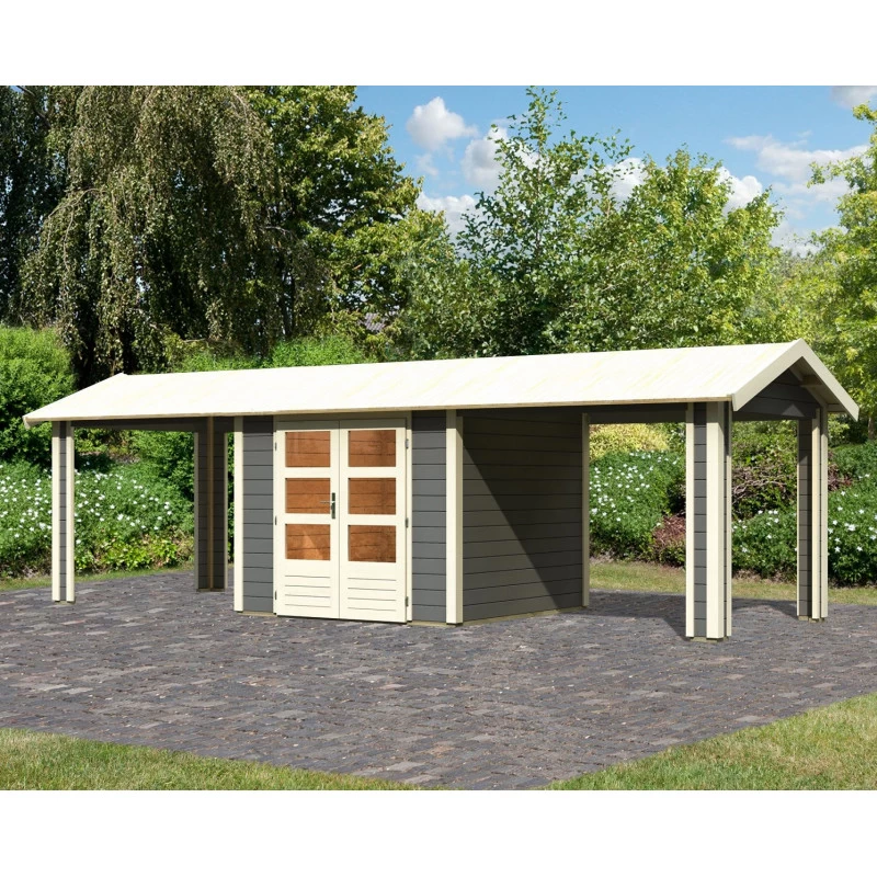 Abri De Jardin En Bois Massif Gris Terre 5,95m² Theres 3 Avec Deux Auvents – Karibu 3 Abri De Jardin En Bois Massif Gris Terre 5,95m² Theres 3 Avec Deux Auvents – Karibu