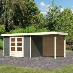 Abri De Jardin En Bois Massif Gris Terre 6,55m² Askola 4 Avec Appentis 240cm Et Paroi Arrière - Karibu