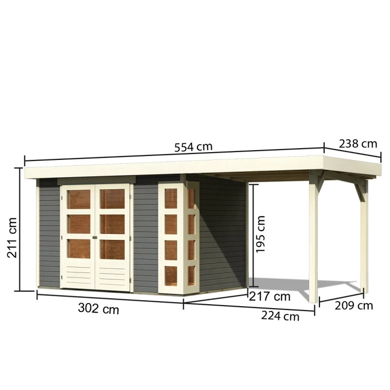 Abri De Jardin En Bois Massif Gris Terre 6,55m² Kerko 4 Avec Appentis 240cm – Karibu 4 Abri De Jardin En Bois Massif Gris Terre 6,55m² Kerko 4 Avec Appentis 240cm – Karibu – Image 2