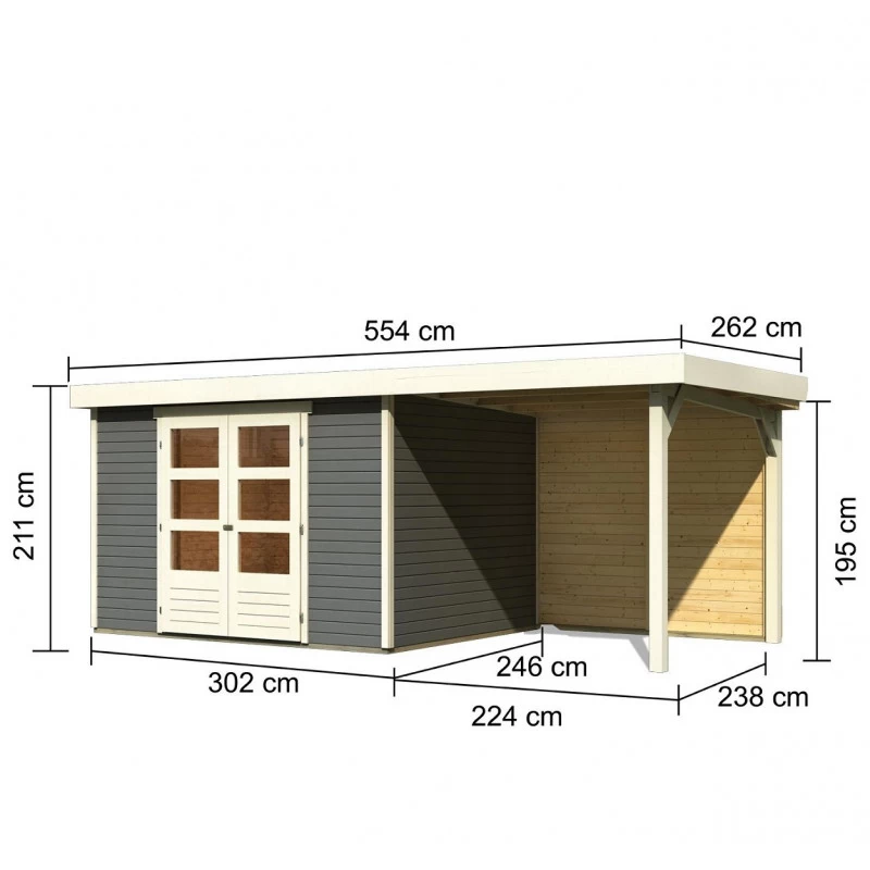 Abri De Jardin En Bois Massif Gris Terre 7,43m² Askola 5 Avec Appentis 240cm Et Paroi Arrière - Karibu 4 Abri De Jardin En Bois Massif Gris Terre 7,43m² Askola 5 Avec Appentis 240cm Et Paroi Arrière - Karibu – Image 2