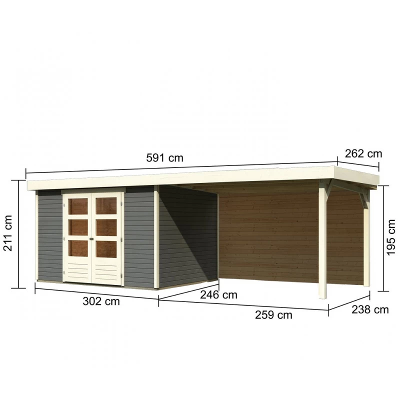 Abri De Jardin En Bois Massif Gris Terre 7,43m² Askola 5 Avec Appentis 280cm Et Paroi Arrière – Karibu 4 Abri De Jardin En Bois Massif Gris Terre 7,43m² Askola 5 Avec Appentis 280cm Et Paroi Arrière – Karibu – Image 2