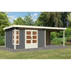 Abri De Jardin En Bois Massif Gris Terre 8,88m² Kastorf 7 Avec Appentis 320cm Et Paroi Arrière – Karibu