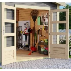 Abri De Jardin En Bois Massif Gris Terre 9,24m² Theres 7 Avec Deux Auvents – Karibu -Jardin Abris Magasin abri de jardin en bois massif gris terre 924m theres 7 avec deux auvents karibu 4