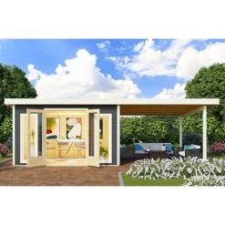 Abri Toit Plat 13,60m² Bois Massif Gris Terre 40mm Radeburg 3 Avec Appentis 330cm – Karibu -Jardin Abris Magasin abri toit plat 1360m bois massif gris terre 40mm radeburg 3 avec appentis 330cm karibu 2