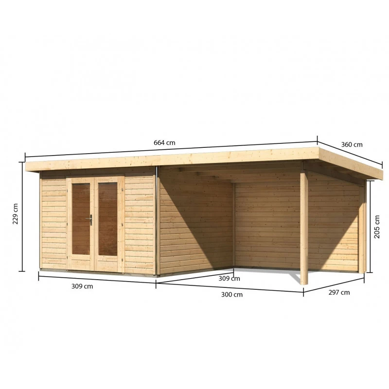Abri Toit Plat 9,55m² Bois Massif 40mm Radeburg 1 Avec Appentis 330cm Et Paroi Arrière – Karibu 4 Abri Toit Plat 9,55m² Bois Massif 40mm Radeburg 1 Avec Appentis 330cm Et Paroi Arrière – Karibu – Image 2