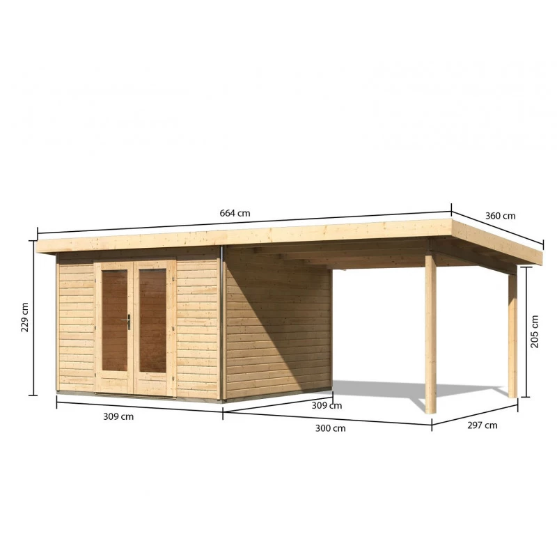 Abri Toit Plat 9,55m² Bois Massif 40mm Radeburg 1 Avec Appentis 330cm – Karibu 4 Abri Toit Plat 9,55m² Bois Massif 40mm Radeburg 1 Avec Appentis 330cm – Karibu – Image 2