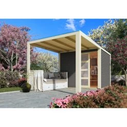 Abri Toit Plat En Bois Massif 19mm Qubic 6,05m² + Appentis 5,6m² Gris Terre - Karibu -Jardin Abris Magasin abri toit plat en bois massif 19mm qubic 605m appentis 56m gris terre karibu 2