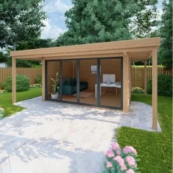 Bureau De Jardin En Bois Massif Avec Terrasse 16,5m² - Madriers 40mm Traités Et Teintés Marron Gardy Shelter