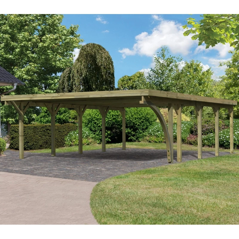 Carport Double En Bois Autoclave 50,9m², Toit En Acier Et Poteau En Arc – KARIBU 3 Carport Double En Bois Autoclave 50,9m², Toit En Acier Et Poteau En Arc – KARIBU