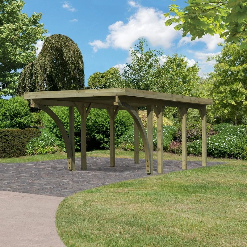 Carport En Bois Autoclave 20,9m², Toit En Acier Et Deux Poteaux En Arc – KARIBU 3 Carport En Bois Autoclave 20,9m², Toit En Acier Et Deux Poteaux En Arc – KARIBU