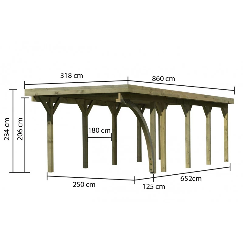 Carport En Bois Autoclave 26,9m² Avec Poteau En Arc Et Toit En Acier – KARIBU 3 Carport En Bois Autoclave 26,9m² Avec Poteau En Arc Et Toit En Acier – KARIBU – Image 2