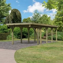Carport En Bois Autoclave 26,9m² Avec Poteau En Arc Et Toit En Acier – KARIBU