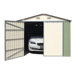 Garage Double Portes Vert Pâle Et Crème 18m² + Kit D'ancrage X-METAL -Jardin Abris Magasin garage double portes vert pale et creme 18m kit d ancrage x metal 3