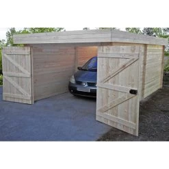 Garage En Bois Massif 21,46m² – Madriers 28mm – Toiture En Bac Acier – Habrita