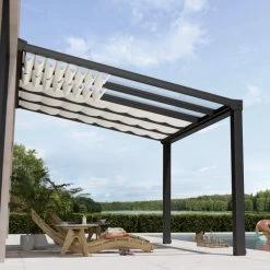 Pergola Adossée Stockholm 350x368cm Aluminium Gris Et Polycarbonate Avec Stores De Toit Rétractables – Palram - Canopia -Jardin Abris Magasin pergola adossee stockholm 350x368cm aluminium gris et polycarbonate avec stores de toit retractables palram 3