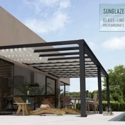 Pergola Adossée Stockholm 350x810cm Aluminium Gris Et Polycarbonate Avec Stores De Toit Rétractables – Palram - Canopia -Jardin Abris Magasin pergola adossee stockholm 350x810cm aluminium gris et polycarbonate avec stores de toit retractables palram 3
