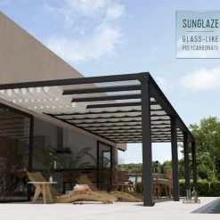 Pergola Adossée Stockholm 350x950cm Aluminium Gris Et Polycarbonate Avec Stores De Toit Rétractables – Palram - Canopia -Jardin Abris Magasin pergola adossee stockholm 350x950cm aluminium gris et polycarbonate avec stores de toit retractables palram 3