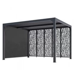 Pergola Bioclimatique Alu Anthracite 10,80m² Toit Avec Lames Ovales Alu + 5 Panneaux Moucharabieh + 1 Rideau Gris – HABRITA -Jardin Abris Magasin pergola bioclimatique alu anthracite 1080m toit avec lames ovales alu 5 panneaux moucharabieh 1 rideau gris habrita 2