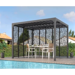 Pergola Bioclimatique Aluminium Anthracite 10,80m² Toit Lames Ovales + Panneaux Moucharabieh Gris Côté 3m+côté 3,60m HABRITA